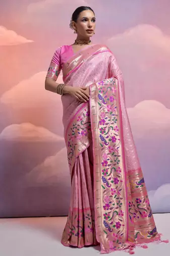 Baby pink paithani silk zari woven saree with blouse