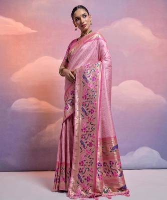 Baby pink paithani silk zari woven saree with blouse 2