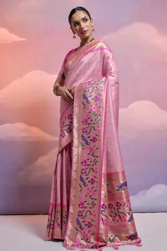 Baby pink paithani silk zari woven saree with blouse