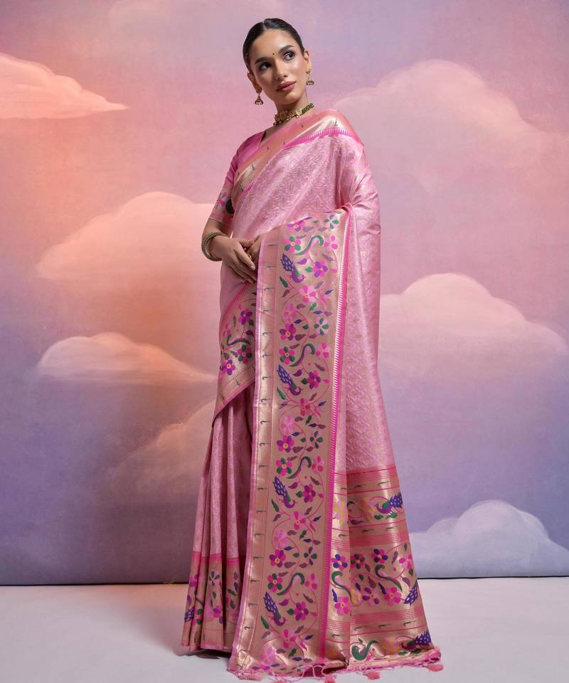 Baby pink paithani silk zari woven saree with blouse