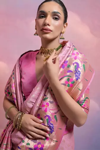 Baby pink paithani silk zari woven saree with blouse