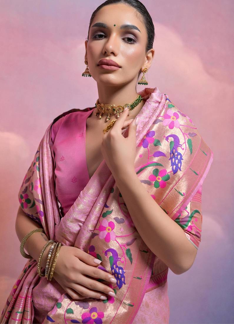 Baby pink paithani silk zari woven saree with blouse