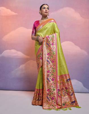 Parrot green paithani silk zari woven saree with blouse 1