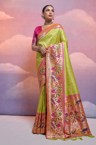 Parrot green paithani silk zari woven saree with blouse