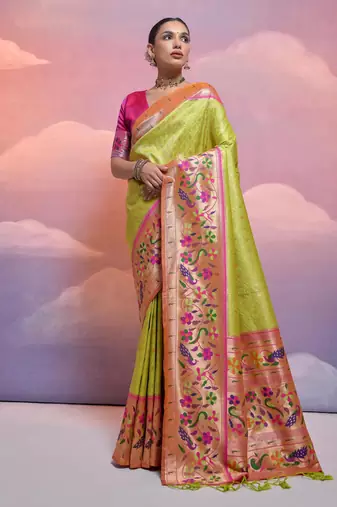 Parrot green paithani silk zari woven saree with blouse