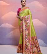 Parrot green paithani silk zari woven saree with blouse
