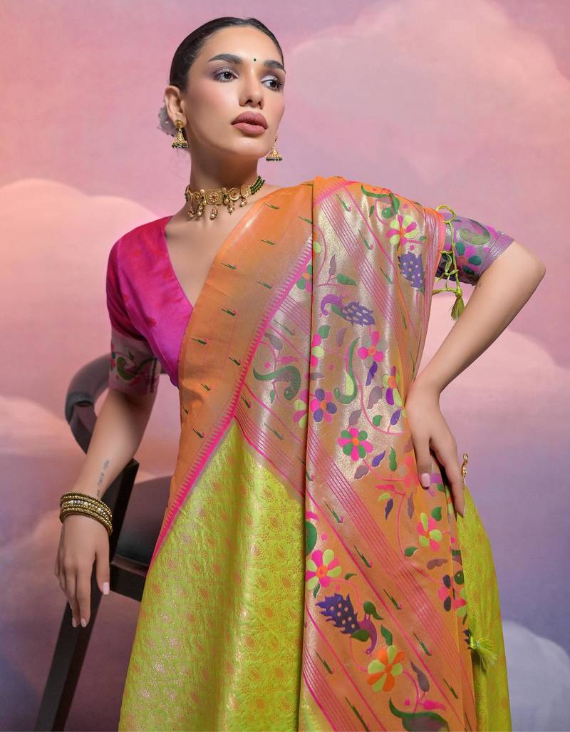 Parrot green paithani silk zari woven saree with blouse