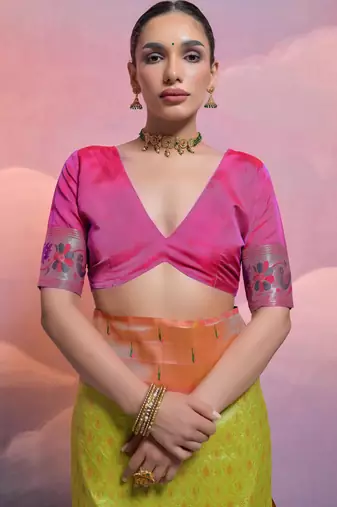 Parrot green paithani silk zari woven saree with blouse