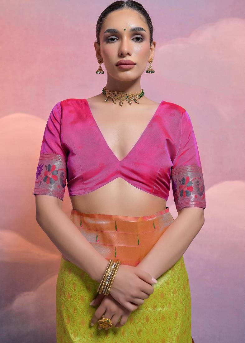 Parrot green paithani silk zari woven saree with blouse