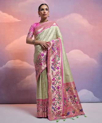 Pista green paithani silk zari woven saree with blouse 1