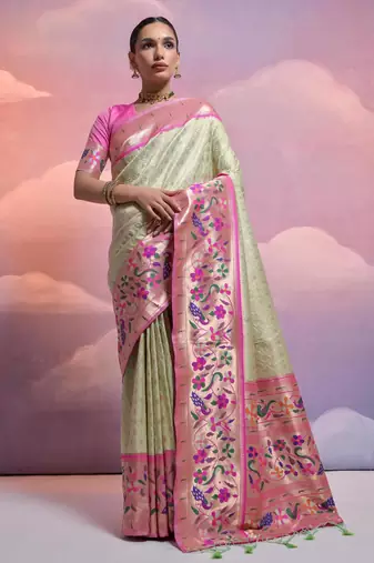Pista green paithani silk zari woven saree with blouse