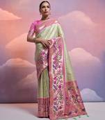 Pista green paithani silk zari woven saree with blouse