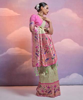 Pista green paithani silk zari woven saree with blouse 2