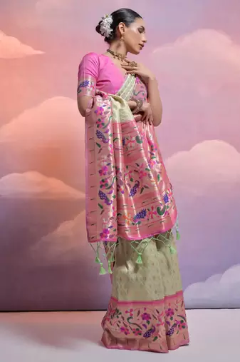 Pista green paithani silk zari woven saree with blouse