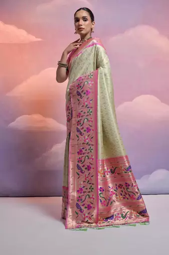 Pista green paithani silk zari woven saree with blouse