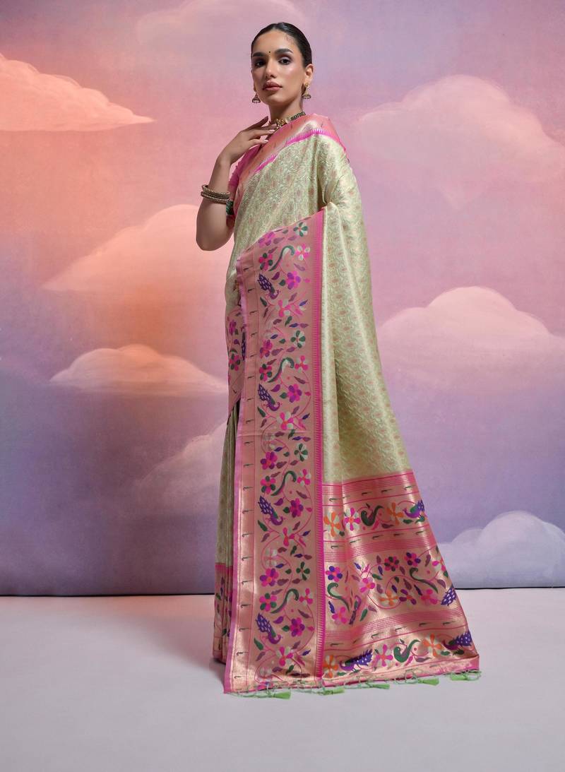 Pista green paithani silk zari woven saree with blouse
