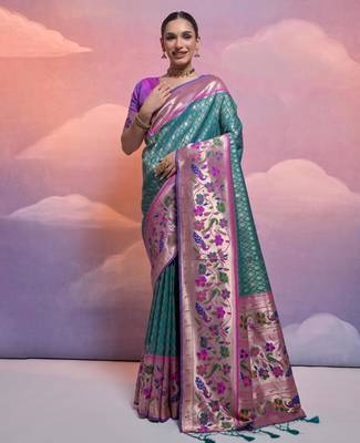 Rama paithani silk zari woven saree with blouse 1