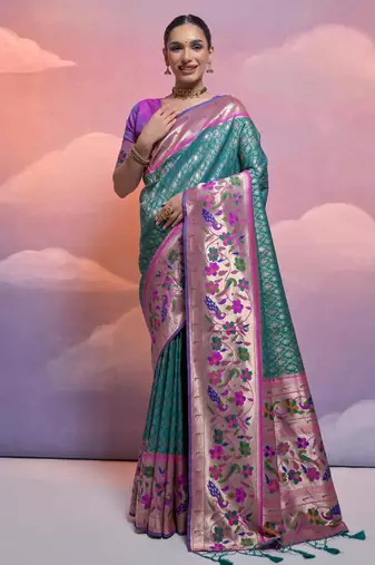 Rama paithani silk zari woven saree with blouse