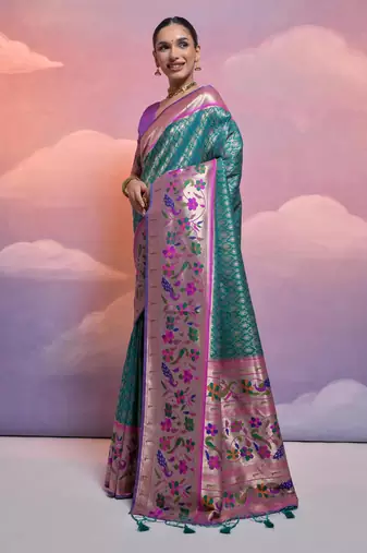 Rama paithani silk zari woven saree with blouse