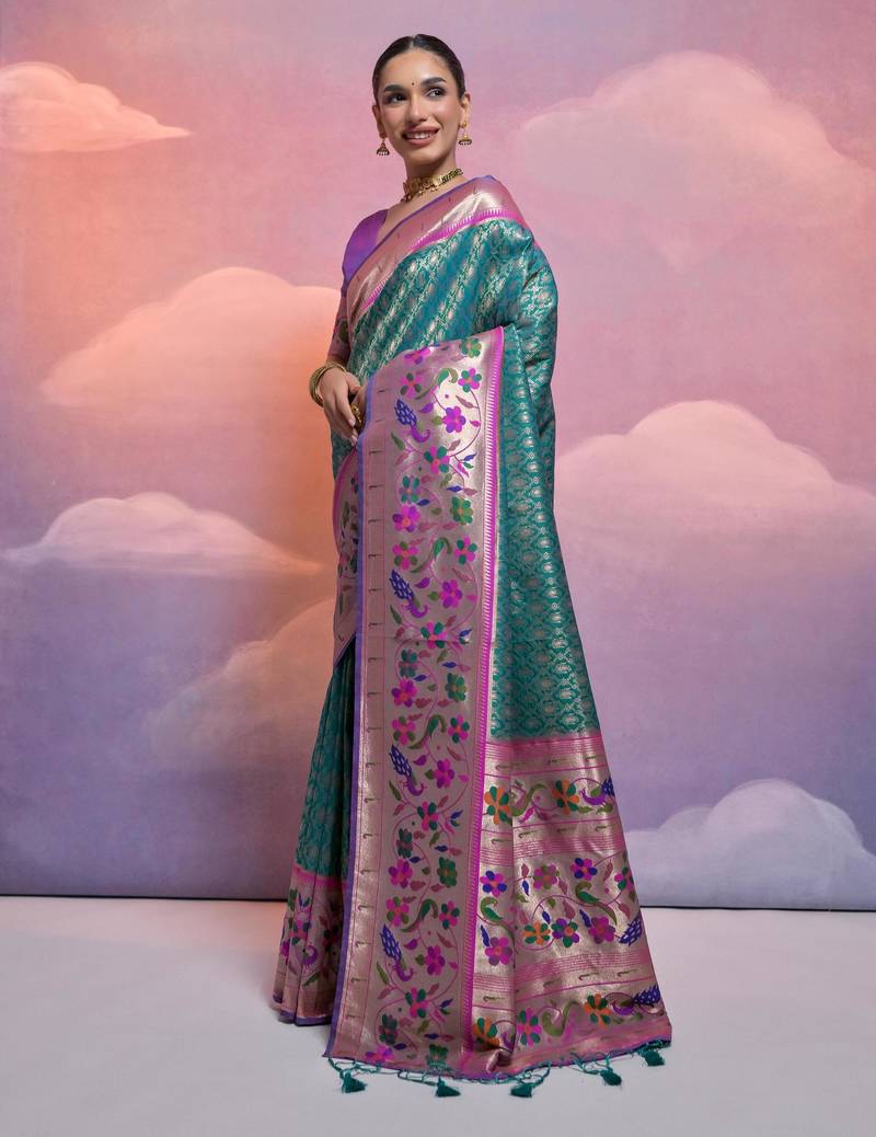 Rama paithani silk zari woven saree with blouse