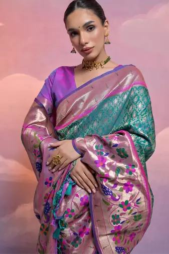 Rama paithani silk zari woven saree with blouse