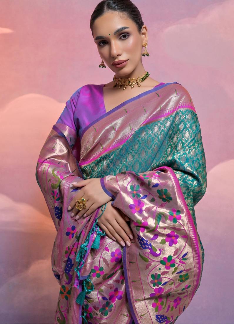 Rama paithani silk zari woven saree with blouse