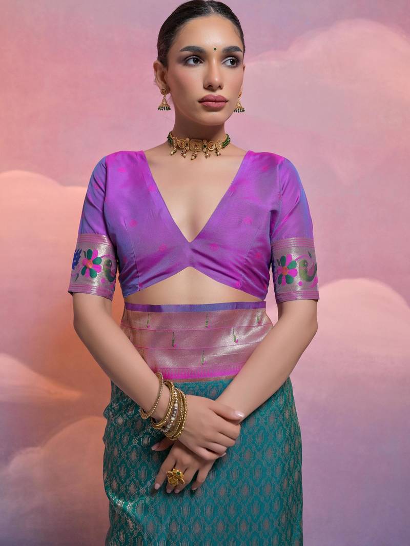 Rama paithani silk zari woven saree with blouse