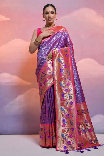 Royal blue paithani silk zari woven saree with blouse