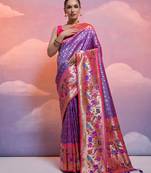 Royal blue paithani silk zari woven saree with blouse