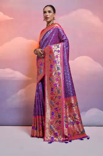 Royal blue paithani silk zari woven saree with blouse