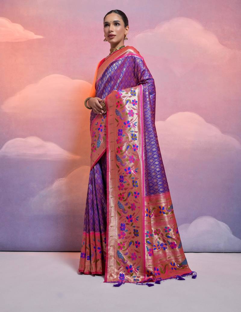 Royal blue paithani silk zari woven saree with blouse