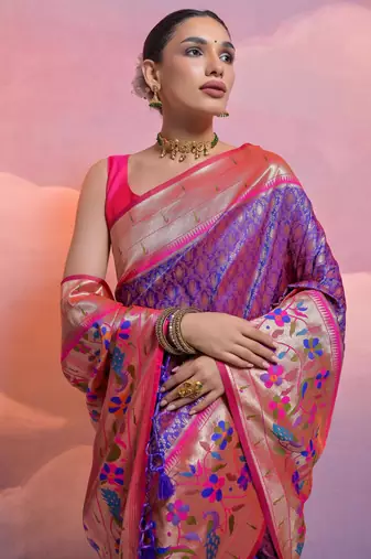 Royal blue paithani silk zari woven saree with blouse