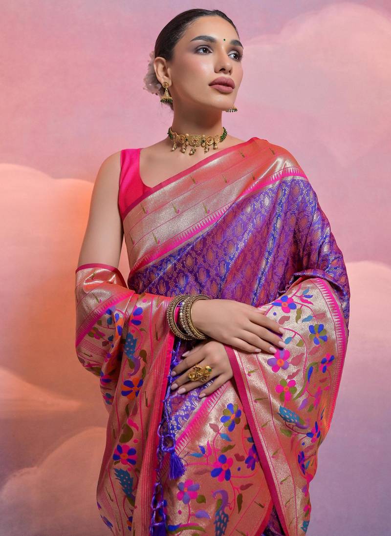 Royal blue paithani silk zari woven saree with blouse
