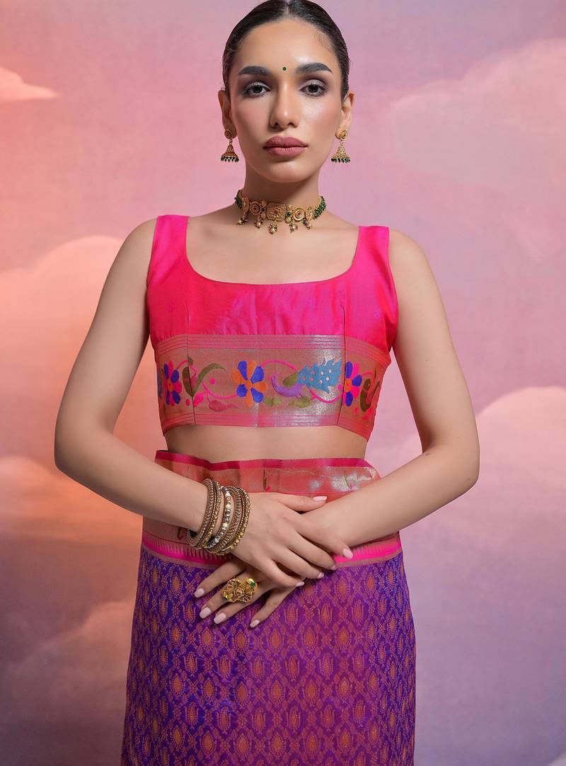 Royal blue paithani silk zari woven saree with blouse