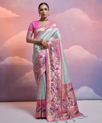 Sea green paithani silk zari woven saree with blouse 1