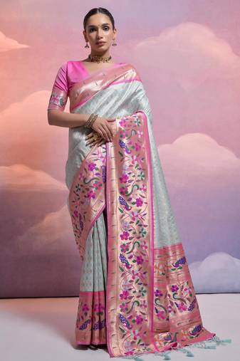 Sea green paithani silk zari woven saree with blouse