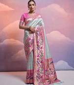 Sea green paithani silk zari woven saree with blouse