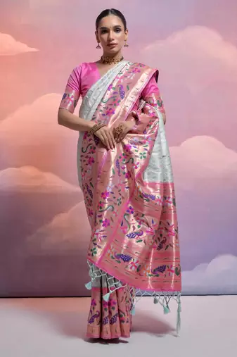 Sea green paithani silk zari woven saree with blouse