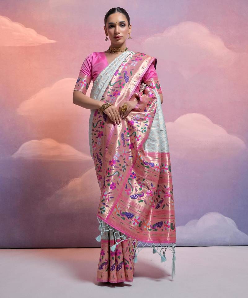 Sea green paithani silk zari woven saree with blouse