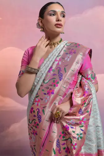Sea green paithani silk zari woven saree with blouse