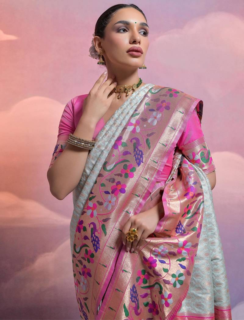 Sea green paithani silk zari woven saree with blouse