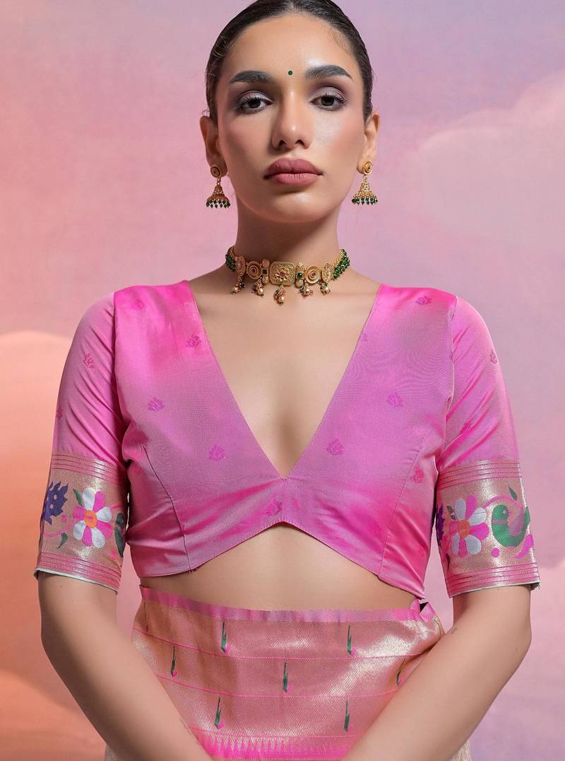 Sea green paithani silk zari woven saree with blouse