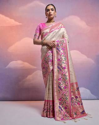 Off white paithani silk zari woven saree with blouse 1