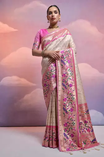 Off white paithani silk zari woven saree with blouse