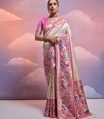Off white paithani silk zari woven saree with blouse