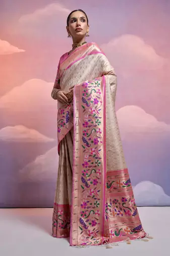 Off white paithani silk zari woven saree with blouse