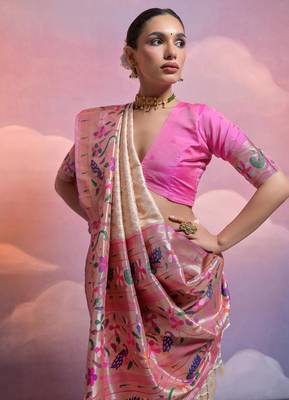 Off white paithani silk zari woven saree with blouse 3