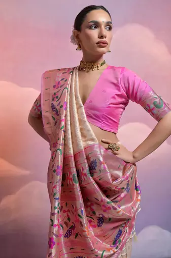 Off white paithani silk zari woven saree with blouse
