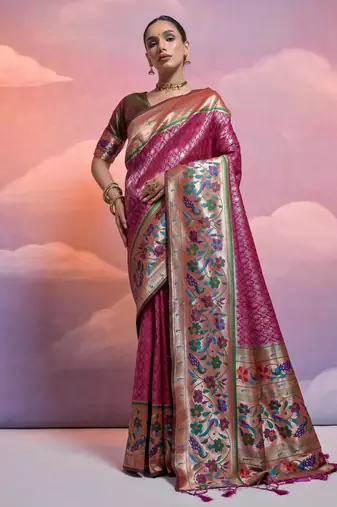 Wine paithani silk zari woven saree with blouse