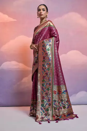 Wine paithani silk zari woven saree with blouse
